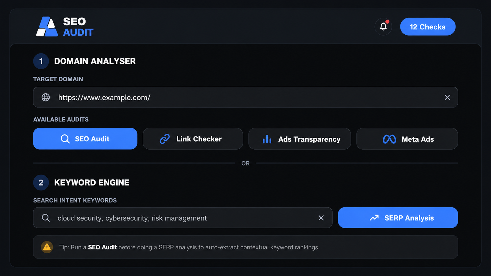 Ads Sniper SEO Audit dashboard