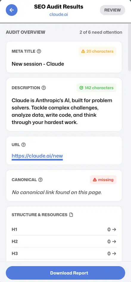 Ads Sniper SEO Audit Results in the Chrome side panel showing meta title, description, URL and canonical checks